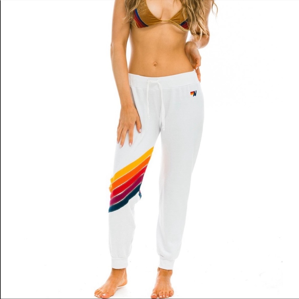 RARE no longer sold Aviator Nation white sweatpants with rainbow stripes